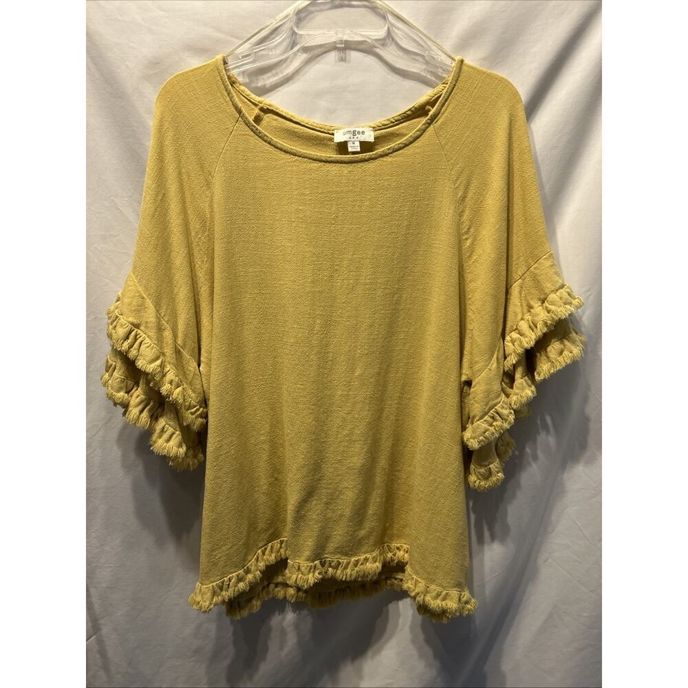 umgee Women's Med Mustard Yellow Linen Ruffle Sleeve Raw Hem Top Bohemian Beach